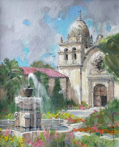 Carmel Mission with Fountain 14"x10"